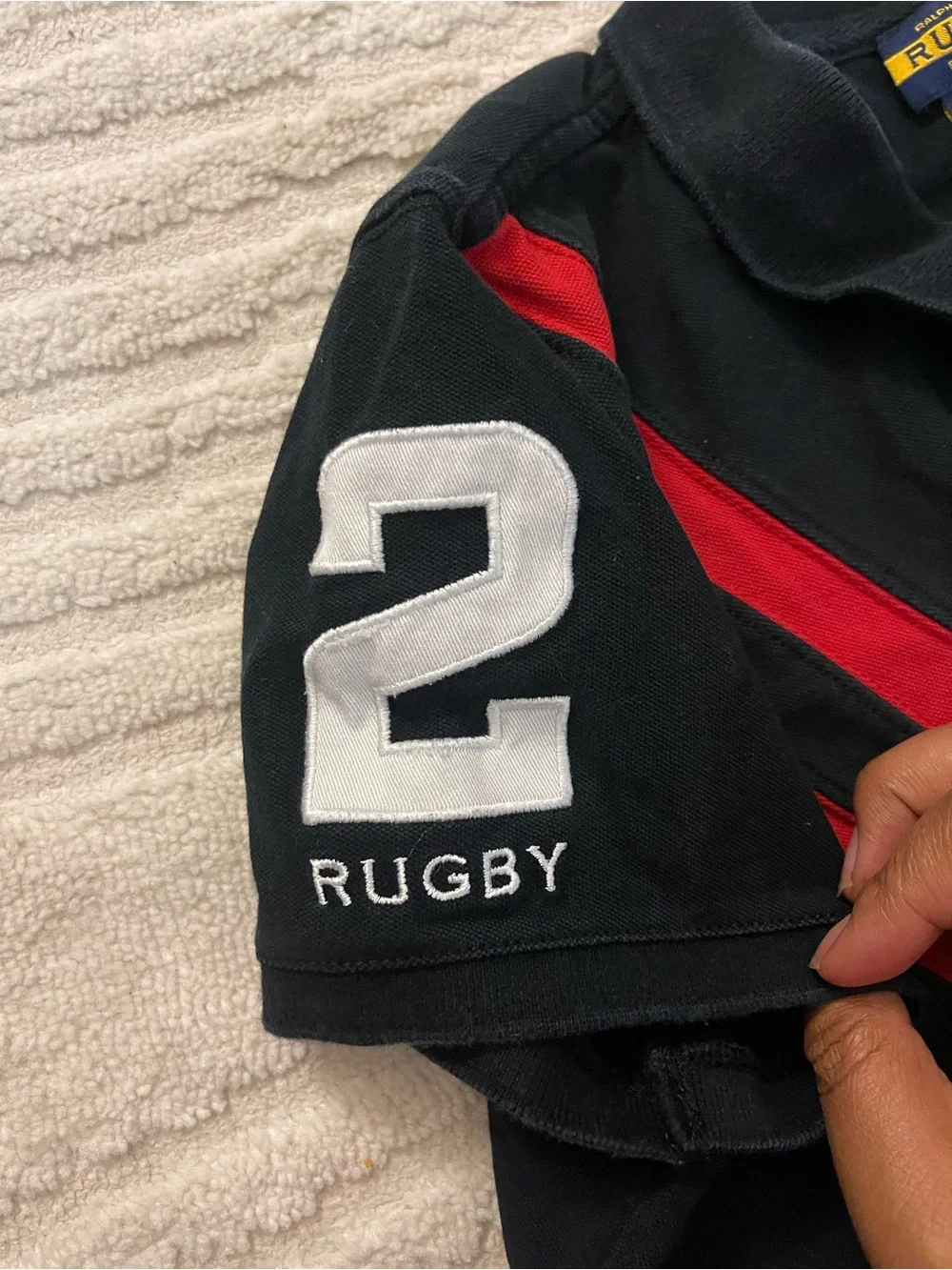 Ralph Lauren Black Polo with Red Diagonal Stripes and Crest